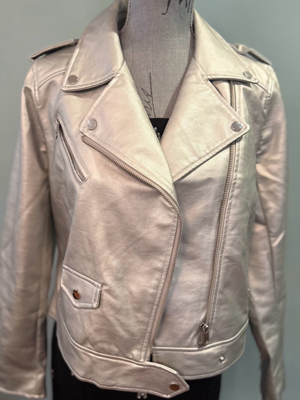 Women’s Metallic Silver Faux Leather Moto Jacket